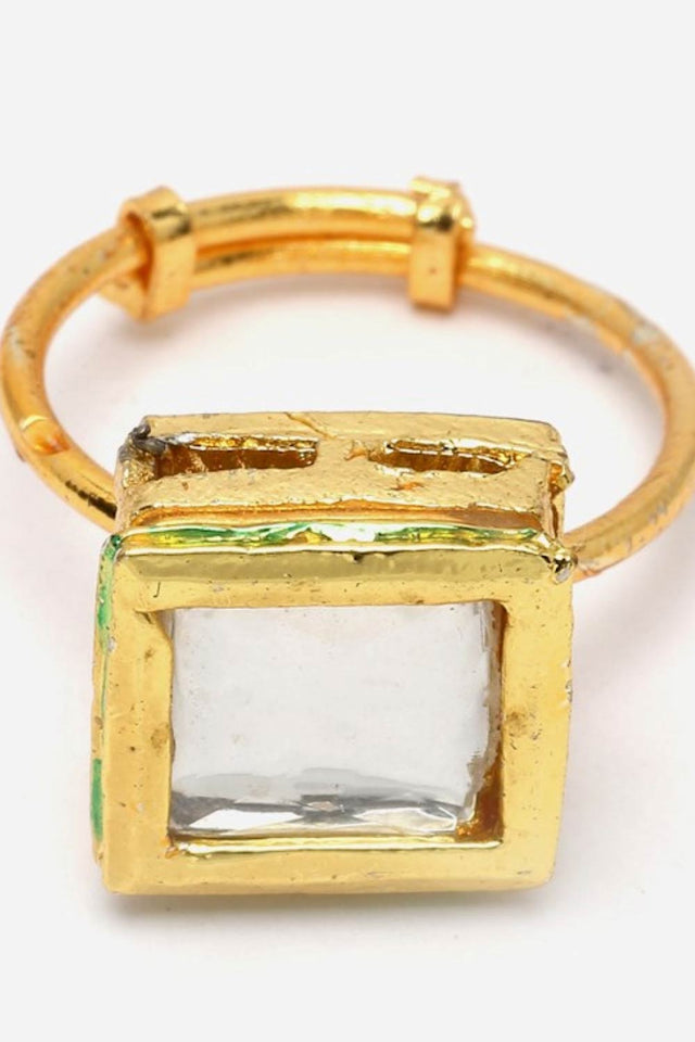 Gold And White Adjustable Ring With Kundan And Natural Stones