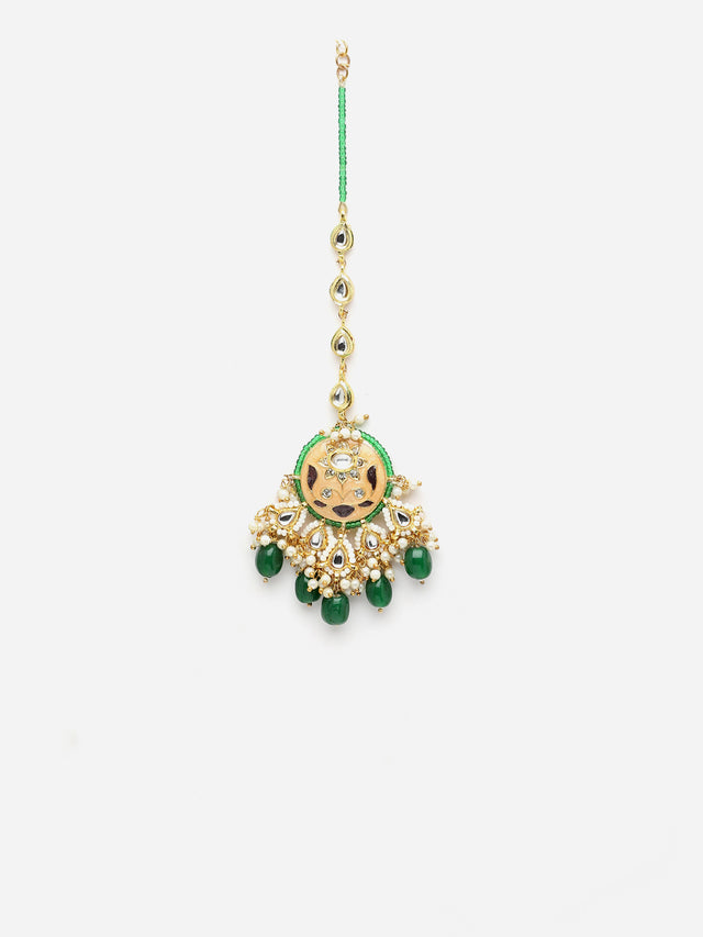 Peach And Green Gold-Plated Kundan And Pearls Mang Tikka