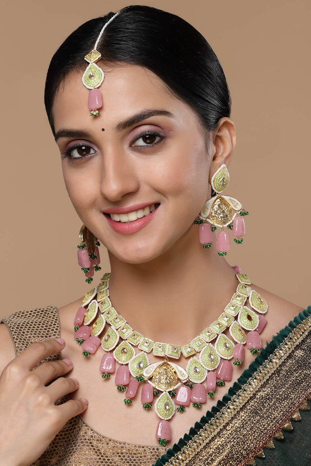 Green And Pink Adjustable Head Jewelry With Kundan And Pearls