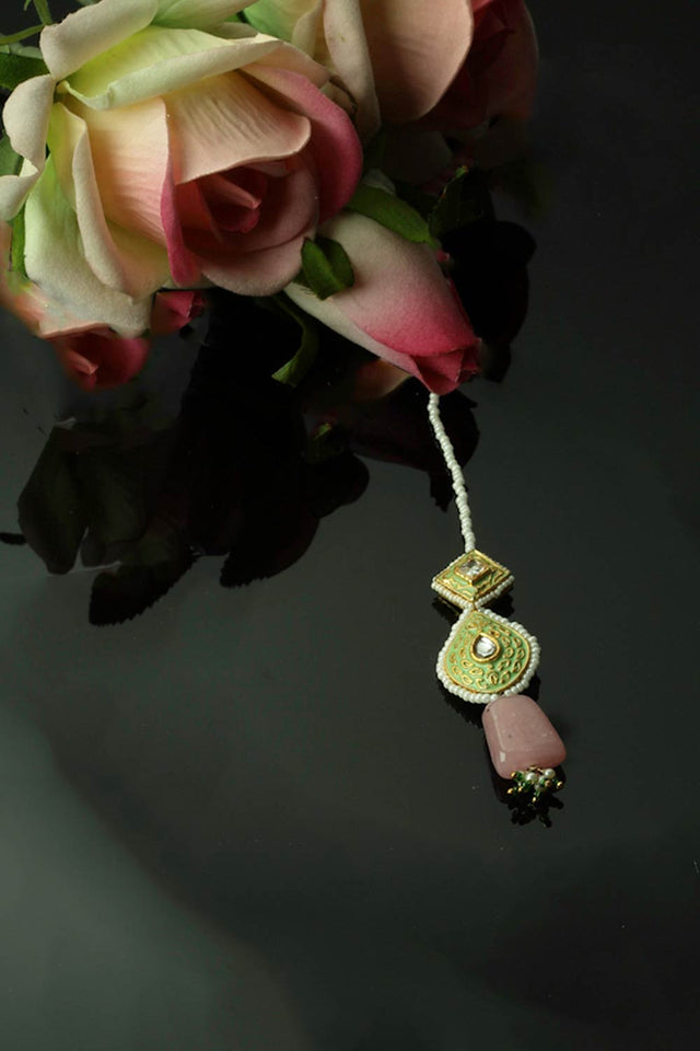 Green And Pink Adjustable Head Jewelry With Kundan And Pearls