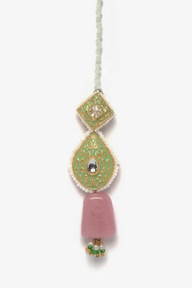 Green And Pink Adjustable Head Jewelry With Kundan And Pearls