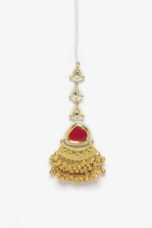 Red And Gold Adjustable Head Jewelry With Kundan And Pearls
