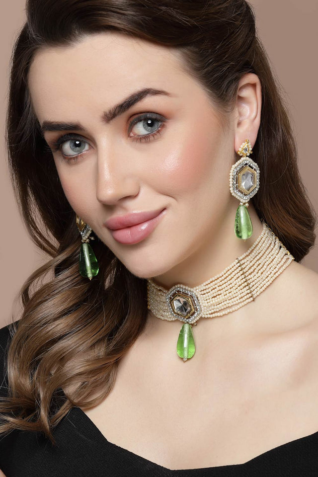 Green And Cream Choker Necklace With Kundan And American Diamond