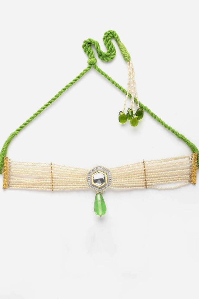 Green And Cream Choker Necklace With Kundan And American Diamond
