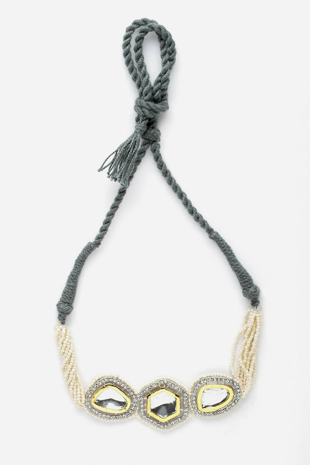 Grey And Silver Choker Necklace With Kundan And American Diamonds