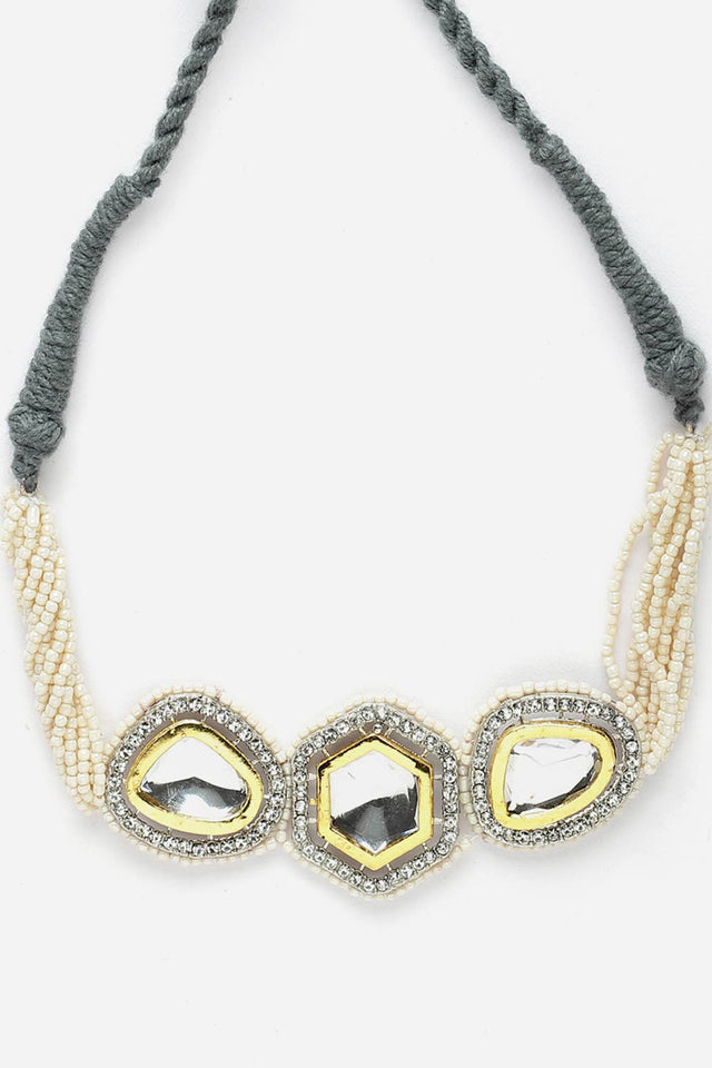 Grey And Silver Choker Necklace With Kundan And American Diamonds