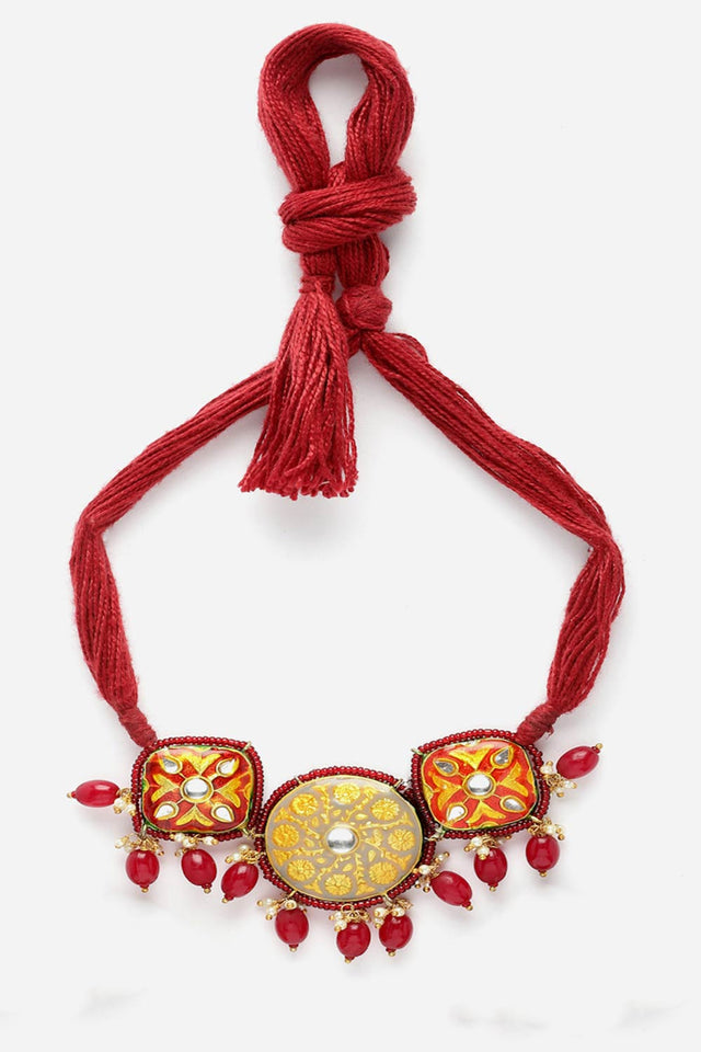 Red And Grey Choker Necklace With Kundan And Pearls