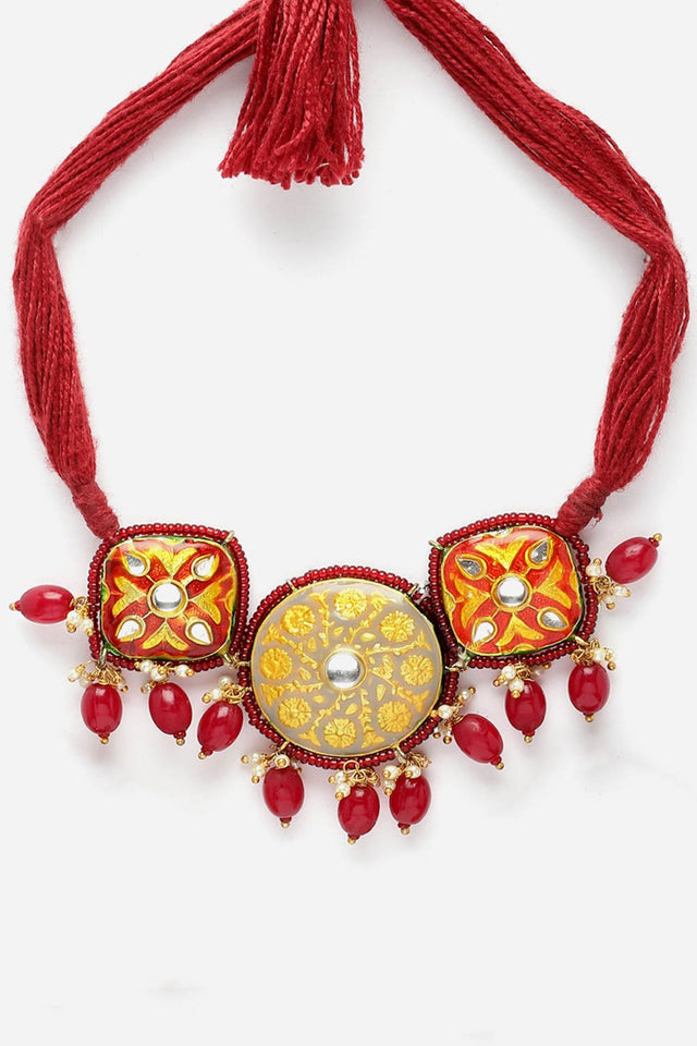 Red And Grey Choker Necklace With Kundan And Pearls