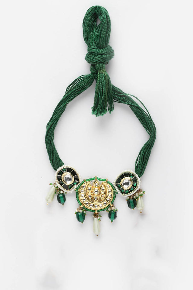 Green And Gold Choker Necklace With Kundan And Pearls
