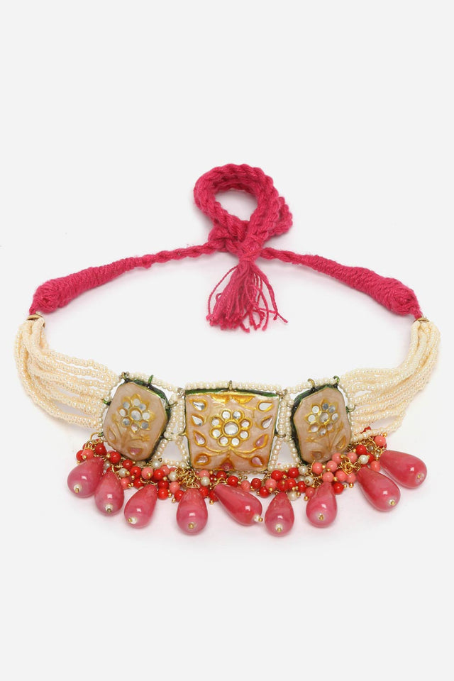 Peach And Pink Choker Necklace With Kundan And Pearls