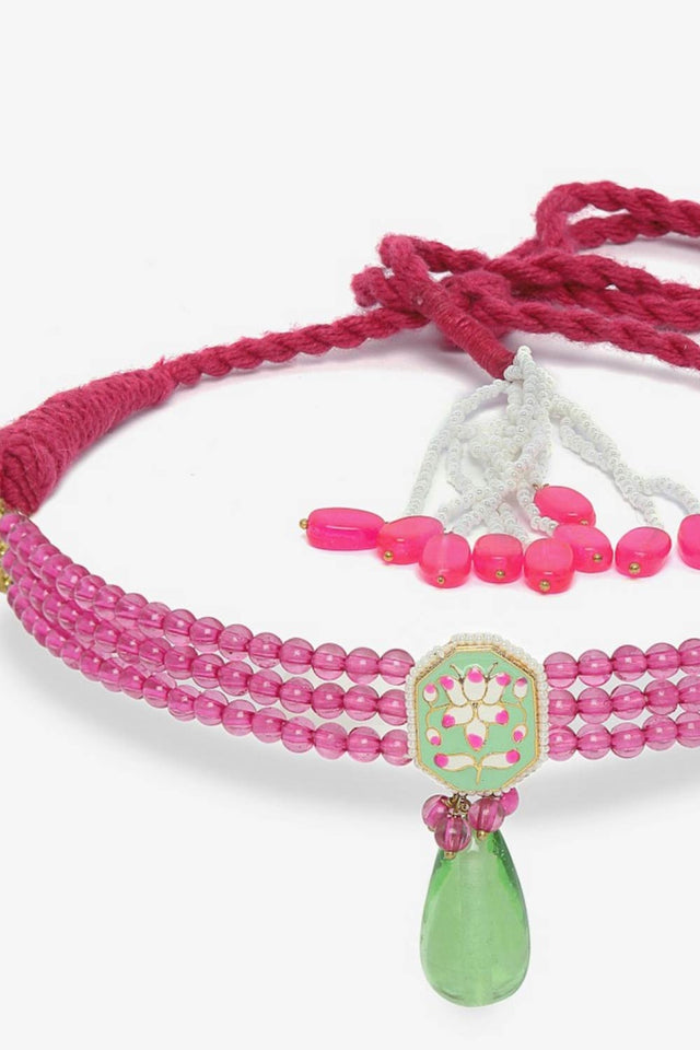 Pink And Green Choker Necklace With Pearls And Natural Stones