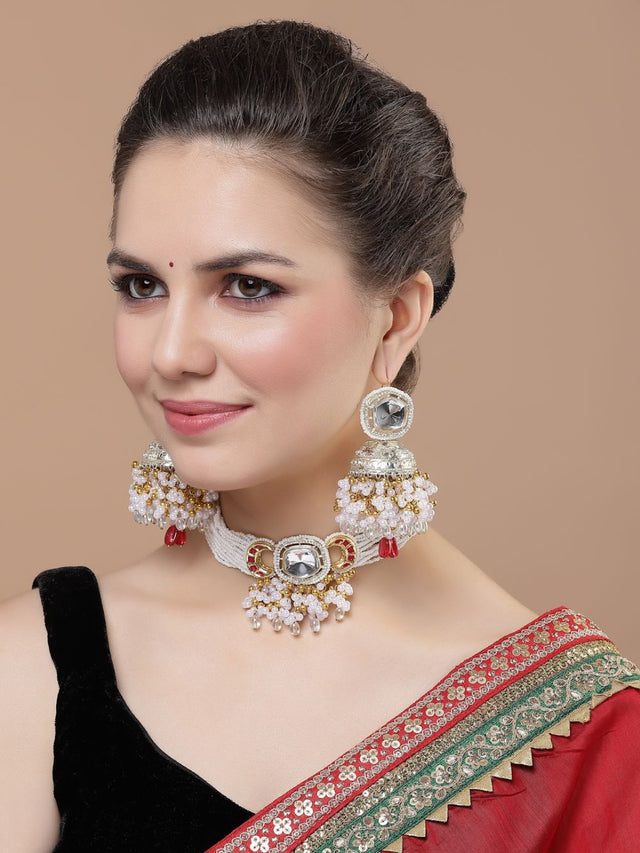 Red And White Choker Necklace With Kundan And American Diamonds