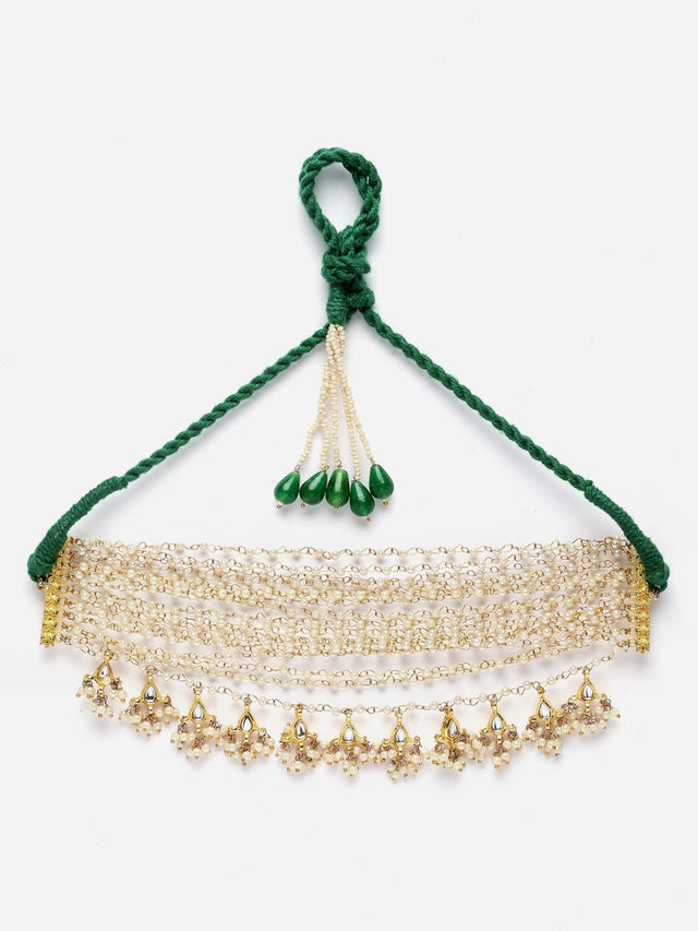 Green And Peach Choker Necklace With Kundan And Pearls