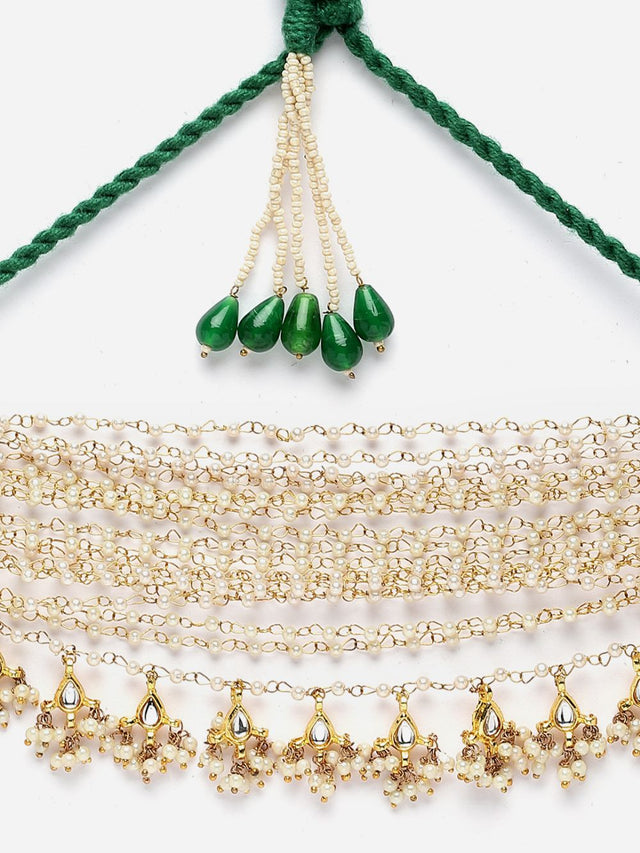 Green And Peach Choker Necklace With Kundan And Pearls