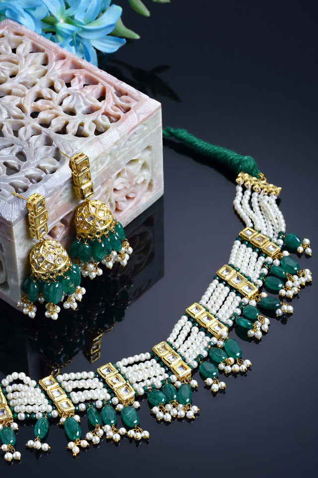 Green And Cream Gold-Plated Kundan Diamonds And Pearls Jewelry Set