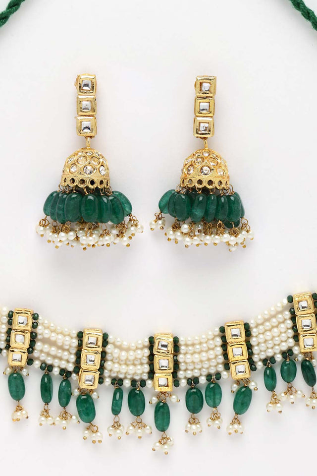 Green And Cream Gold-Plated Kundan Diamonds And Pearls Jewelry Set