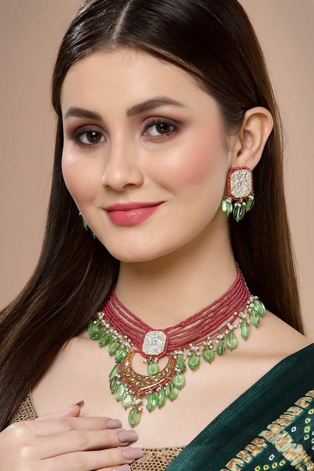 Pink And Green Gold-Plated Kundan And American Diamonds Necklace Earring Sets