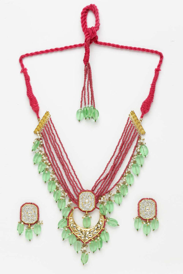 Pink And Green Gold-Plated Kundan And American Diamonds Necklace Earring Sets - White Backround