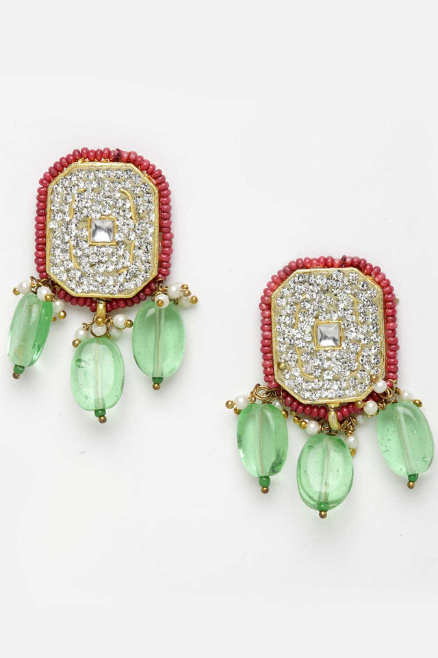 Pink And Green Gold-Plated Kundan And American Diamonds Earring Sets