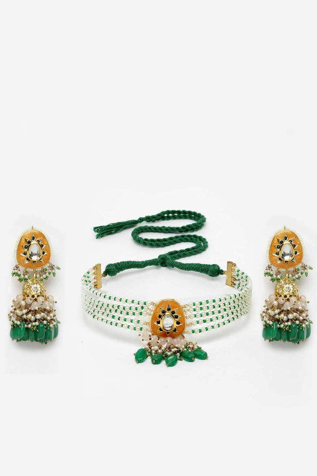 Orange And Green Gold-Plated Kundan And Pearls Necklace Earring Sets - White Backround