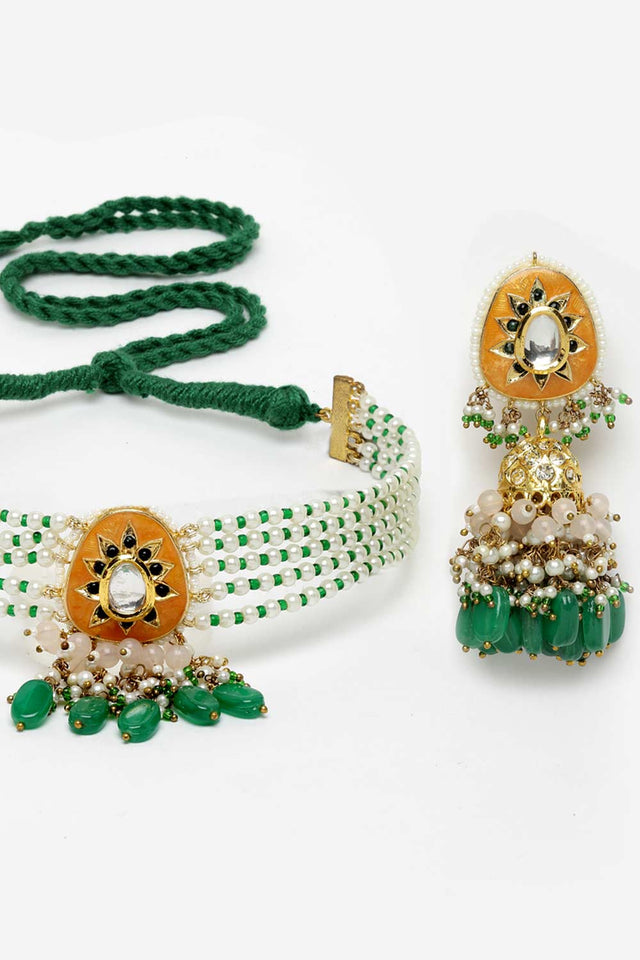 Orange And Green Gold-Plated Kundan And Pearls Necklace Earring Sets - Design