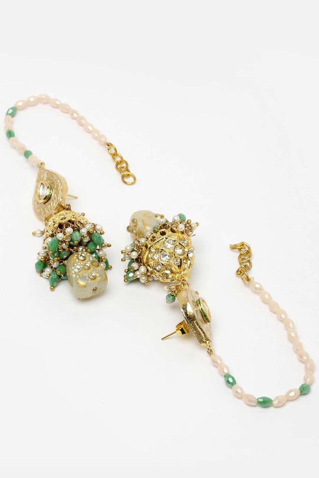 Green And Cream Gold-Plated Kundan And Pearls Necklace Earring Sets