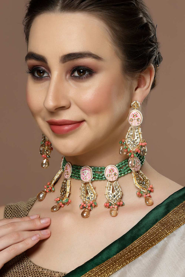 White And Green Kundan And Pearls Necklace And Earring Set