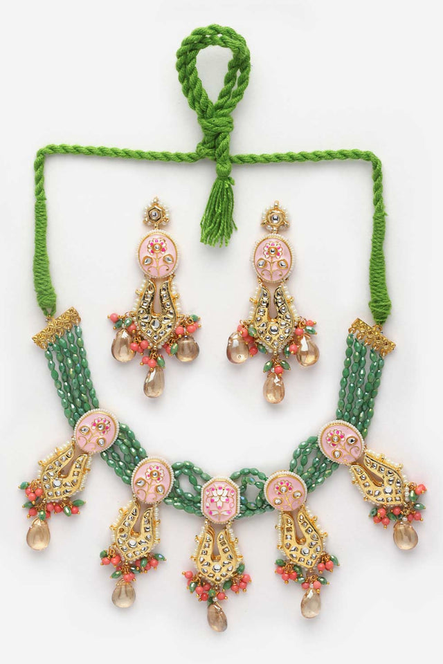 White And Green Kundan And Pearls Necklace And Earring Set