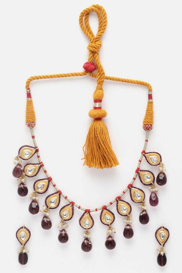 Purple And Gold Kundan And Pearls Necklace And Earring Set