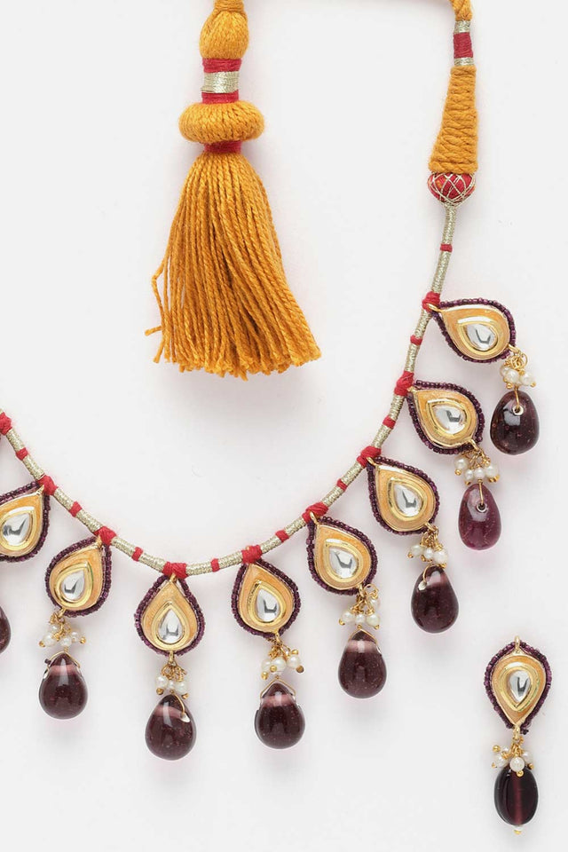 Purple And Gold Kundan And Pearls Necklace And Earring Set