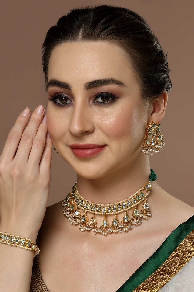 Gold And White Kundan And Pearls Necklace And Earring Set