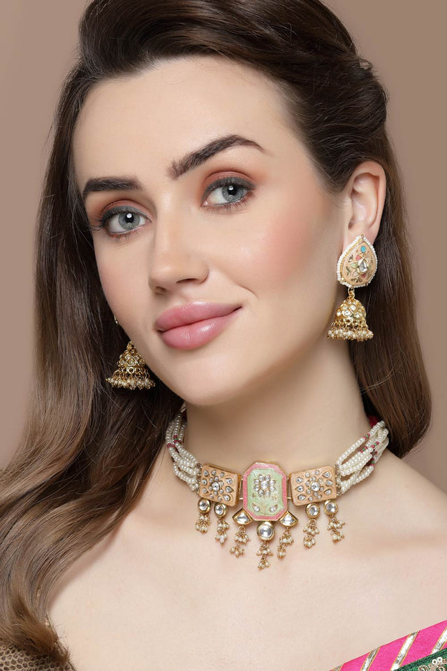 Peach And Green Necklace With Earring Jewelry Set With Kundan And American Diamonds