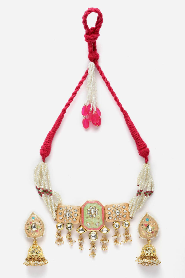 Peach And Green Necklace With Earring Jewelry Set With Kundan And American Diamonds