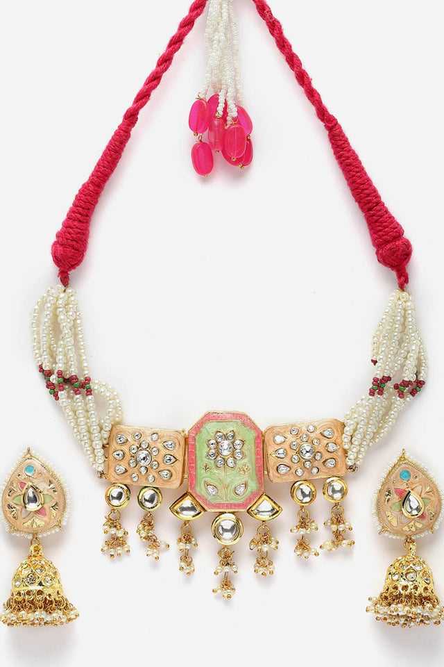 Peach And Green Necklace With Earring Jewelry Set With Kundan And American Diamonds