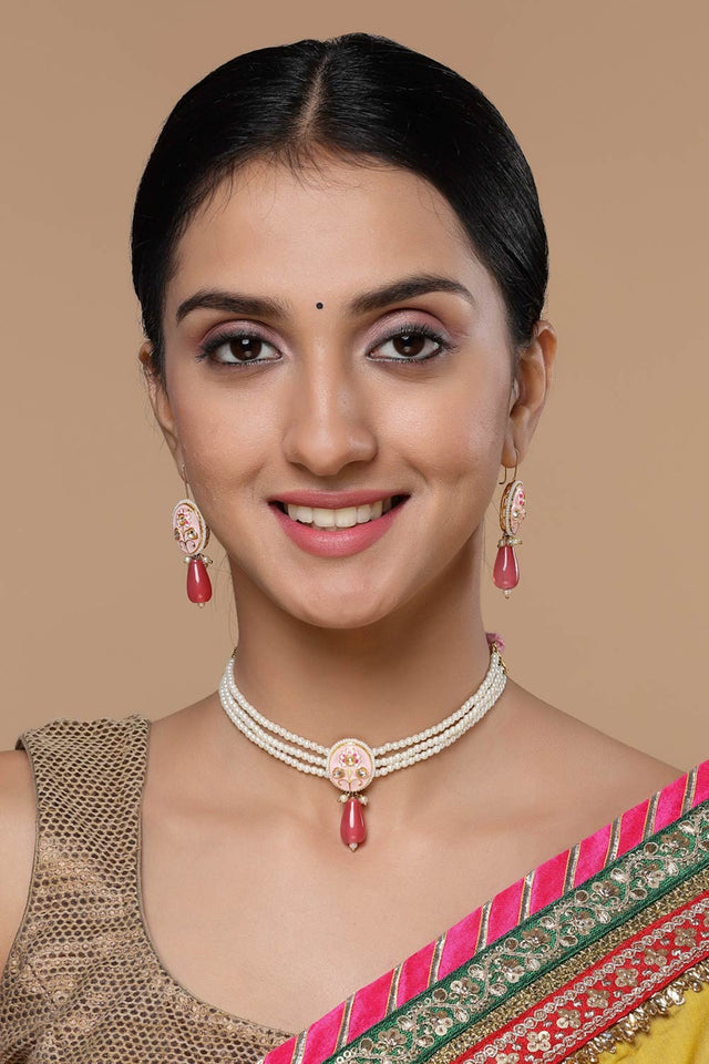 Pink And Gold Necklace With Earring Jewelry Set Kundan And Pearls