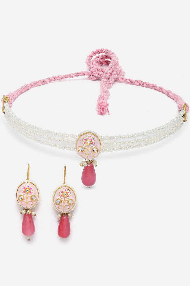 Pink And Gold Necklace With Earring Jewelry Set Kundan And Pearls