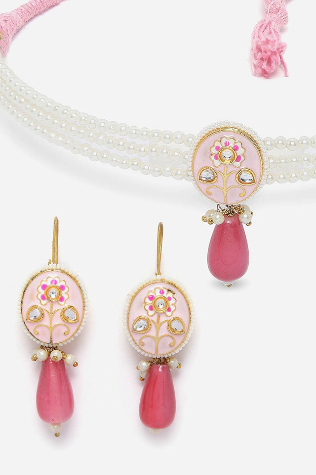 Pink And Gold Necklace With Earring Jewelry Set Kundan And Pearls