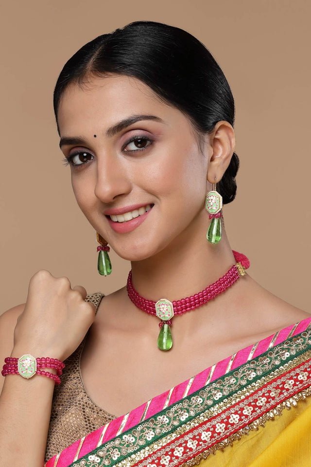 Green And Pink Necklace With Earring Jewelry Set Kundan And Pearls