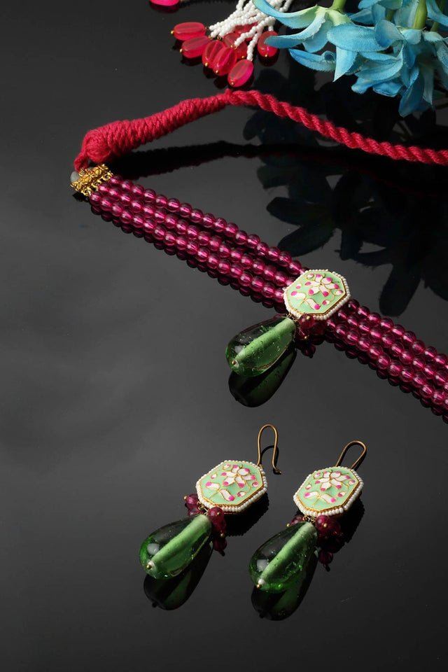 Green And Pink Necklace With Earring Jewelry Set Kundan And Pearls