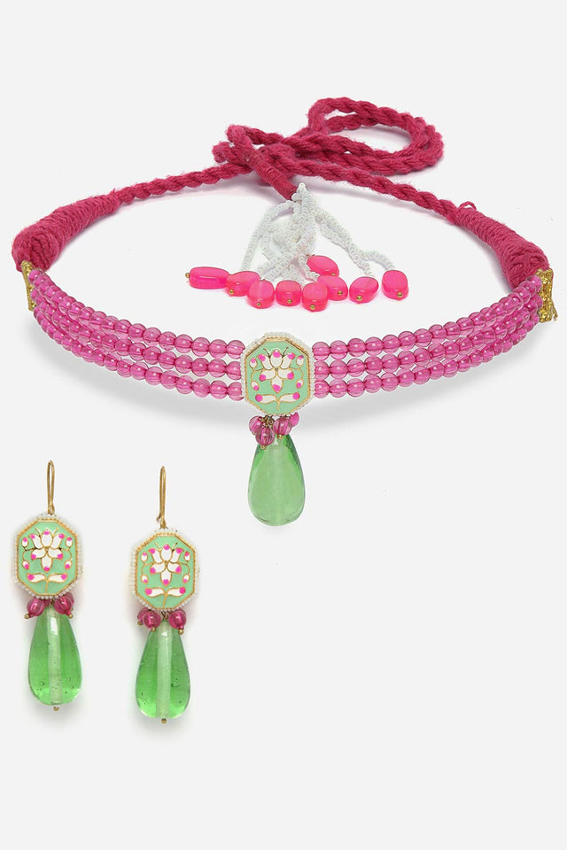 Green And Pink Necklace With Earring Jewelry Set Kundan And Pearls