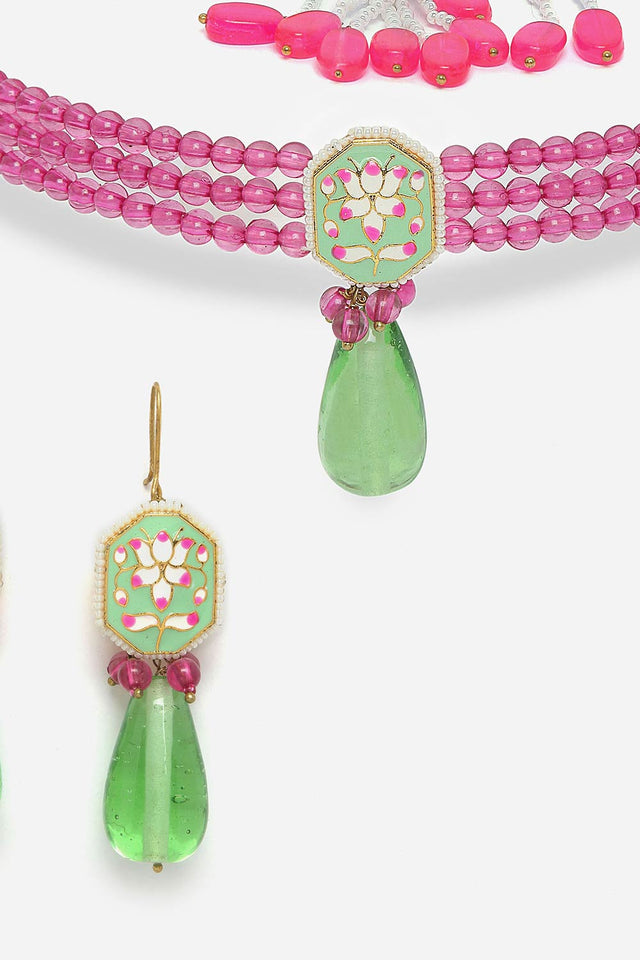 Green And Pink Necklace With Earring Jewelry Set Kundan And Pearls