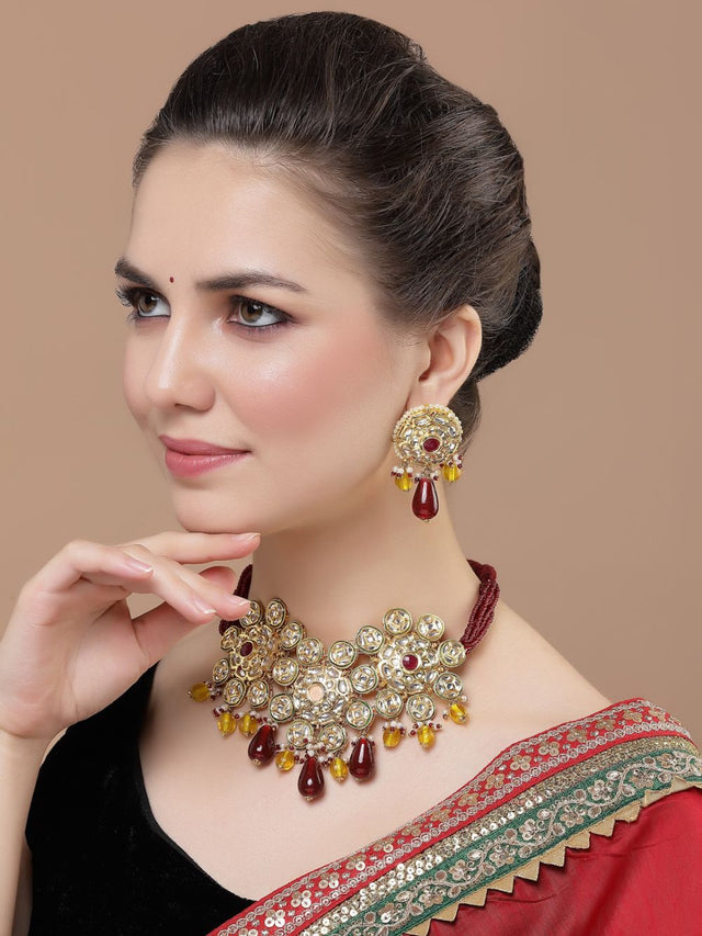 Maroon And Yellow Necklace With Earring Jeweler Set With Kundan And Pearls