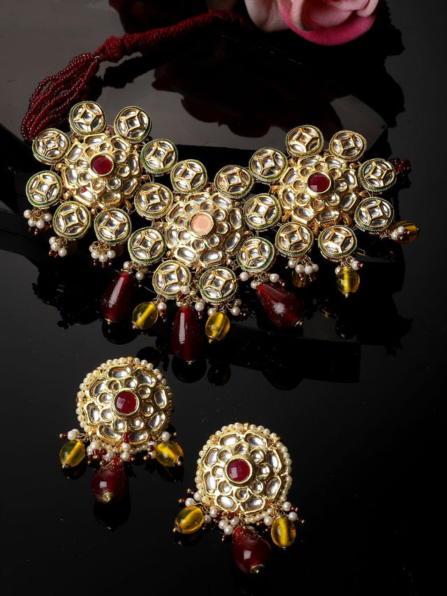 Maroon And Yellow Necklace With Earring Jeweler Set With Kundan And Pearls