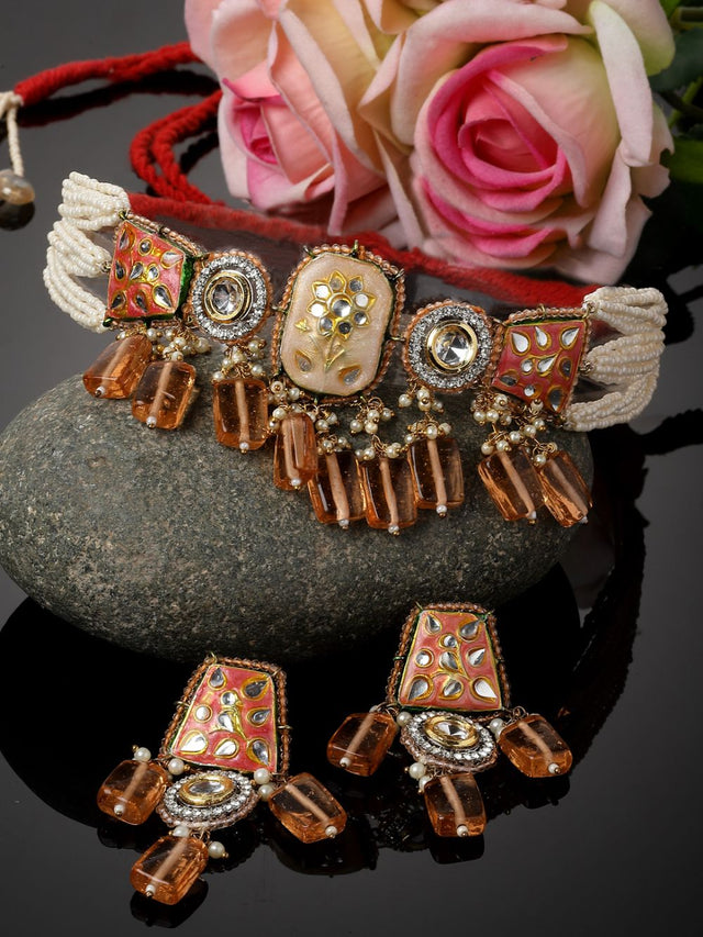 Orange And Gold Necklace With Earring Jeweler Set With Kundan And American Diamonds