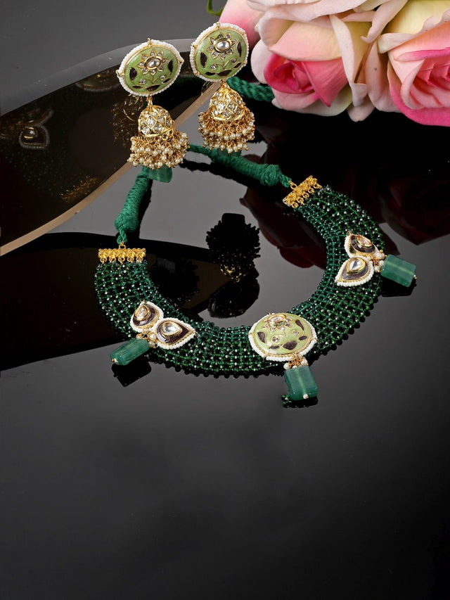 Green And Grey Necklace With Earring Jeweler Set With Kundan And American Diamonds