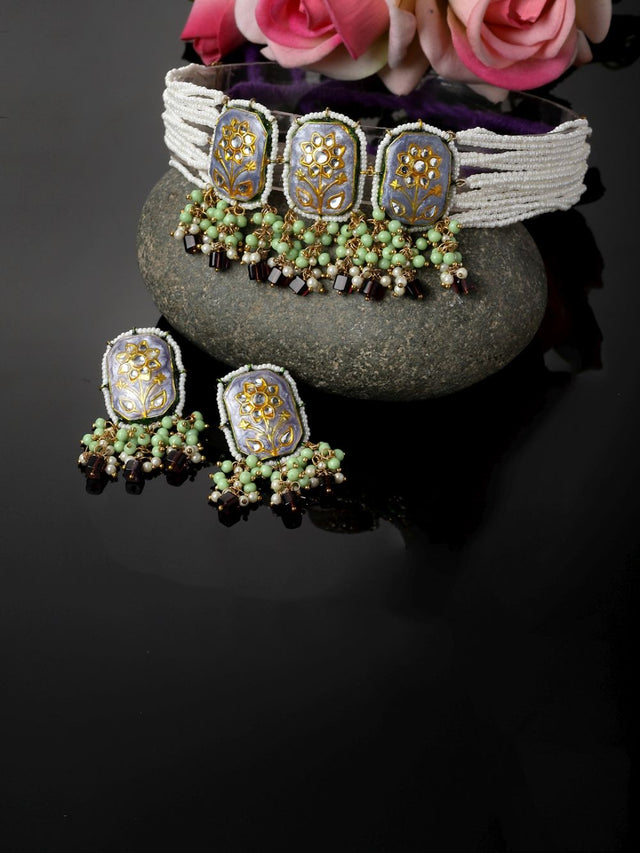 Blue And Purple Necklace With Earring Jeweler Set With Kundan And Pearls