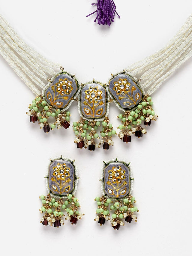 Blue And Purple Necklace With Earring Jeweler Set With Kundan And Pearls