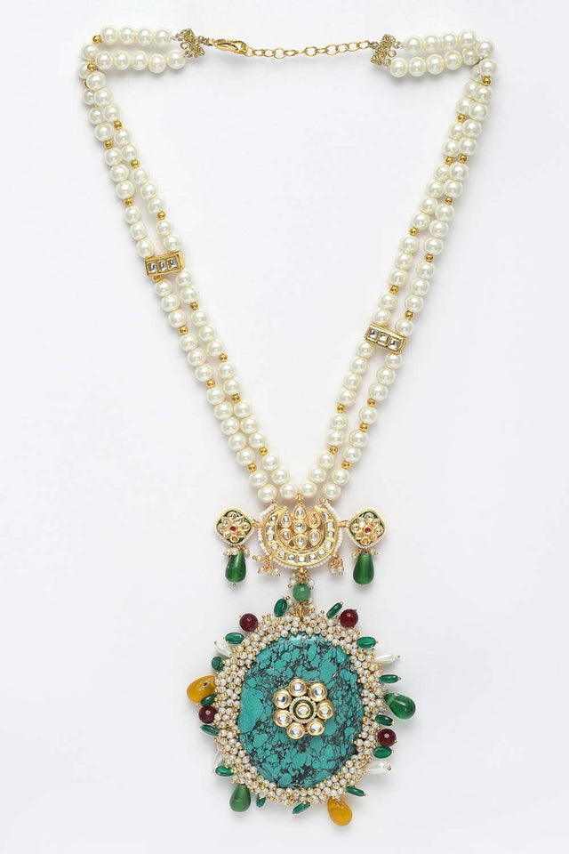 Multicolor And White Gold-Plated Kundan And Pearls Necklace