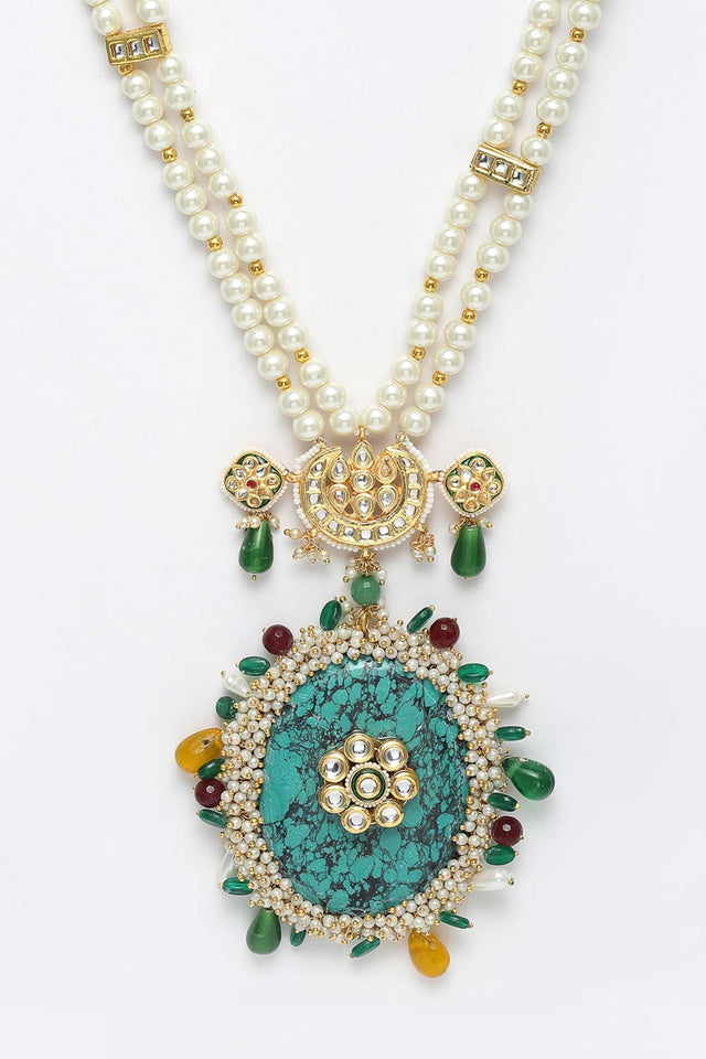 Multicolor And White Gold-Plated Kundan And Pearls Necklace