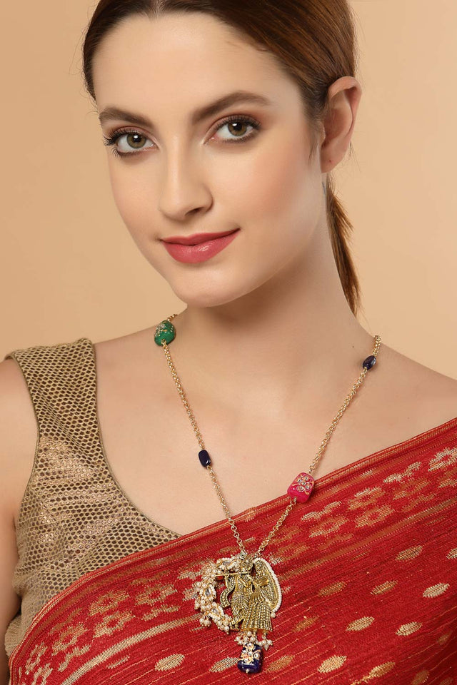 Multicolor And White Gold-Plated Kundan And Pearls Necklace